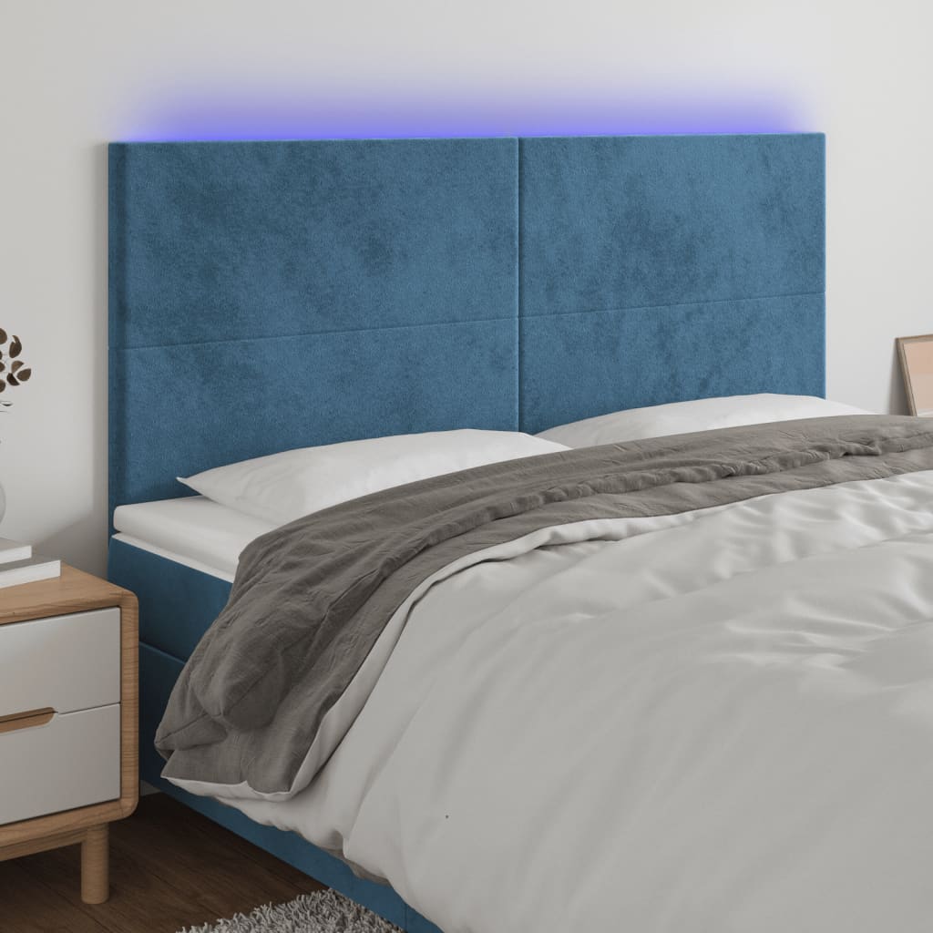 vidaXL Cabeceira cama c/ luzes LED veludo 160x5x118/128cm azul-escuro