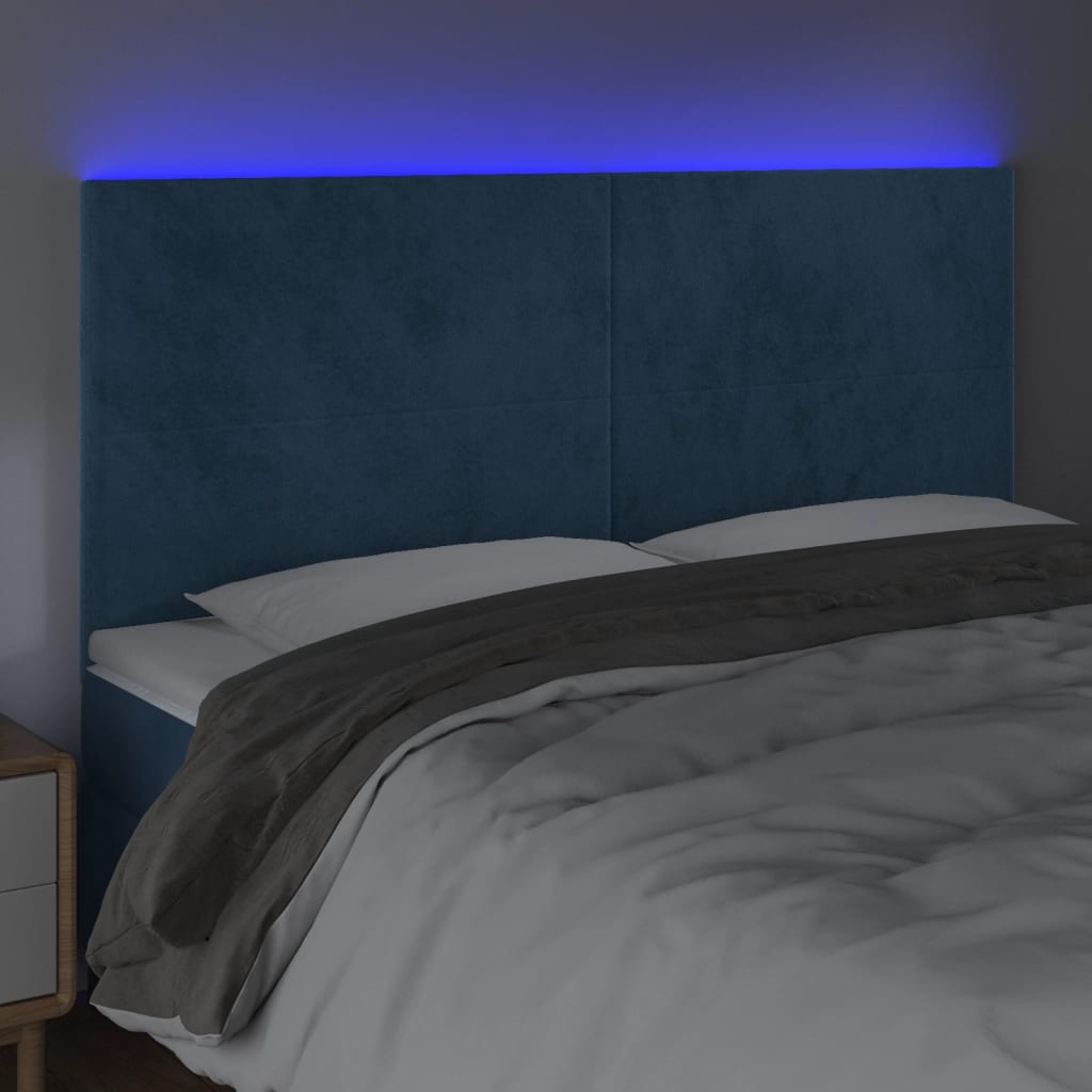 vidaXL Cabeceira cama c/ luzes LED veludo 160x5x118/128cm azul-escuro