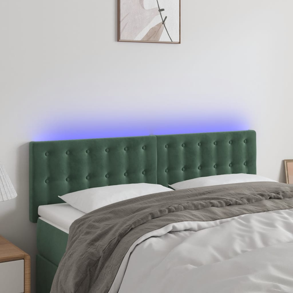 vidaXL Cabeceira de cama c/luzes LED veludo 144x5x78/88cm verde-escuro