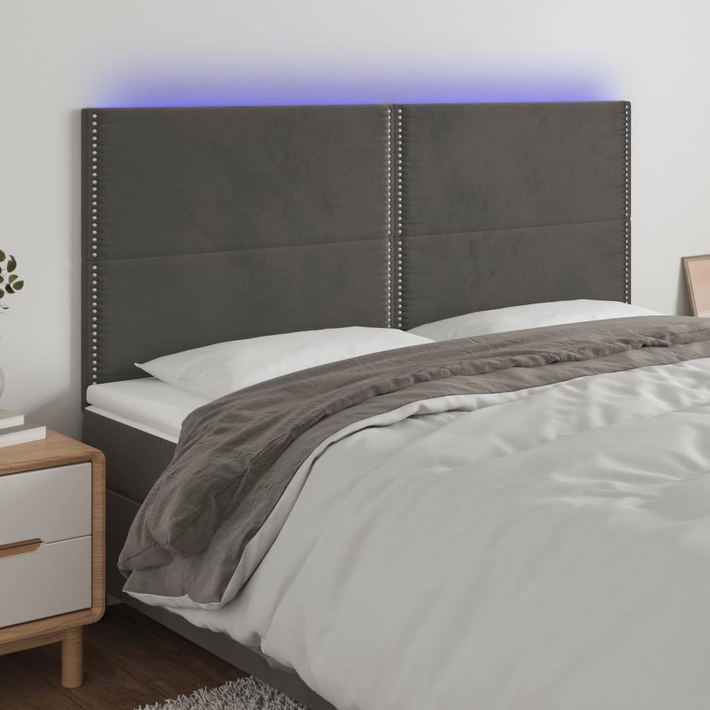 vidaXL Cabeceira de cama c/ LED veludo 180x5x118/128 cm cinza-escuro