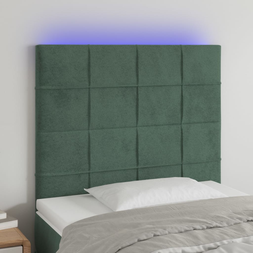 vidaXL Cabeceira de cama c/ LED veludo 100x5x118/128 cm verde-escuro