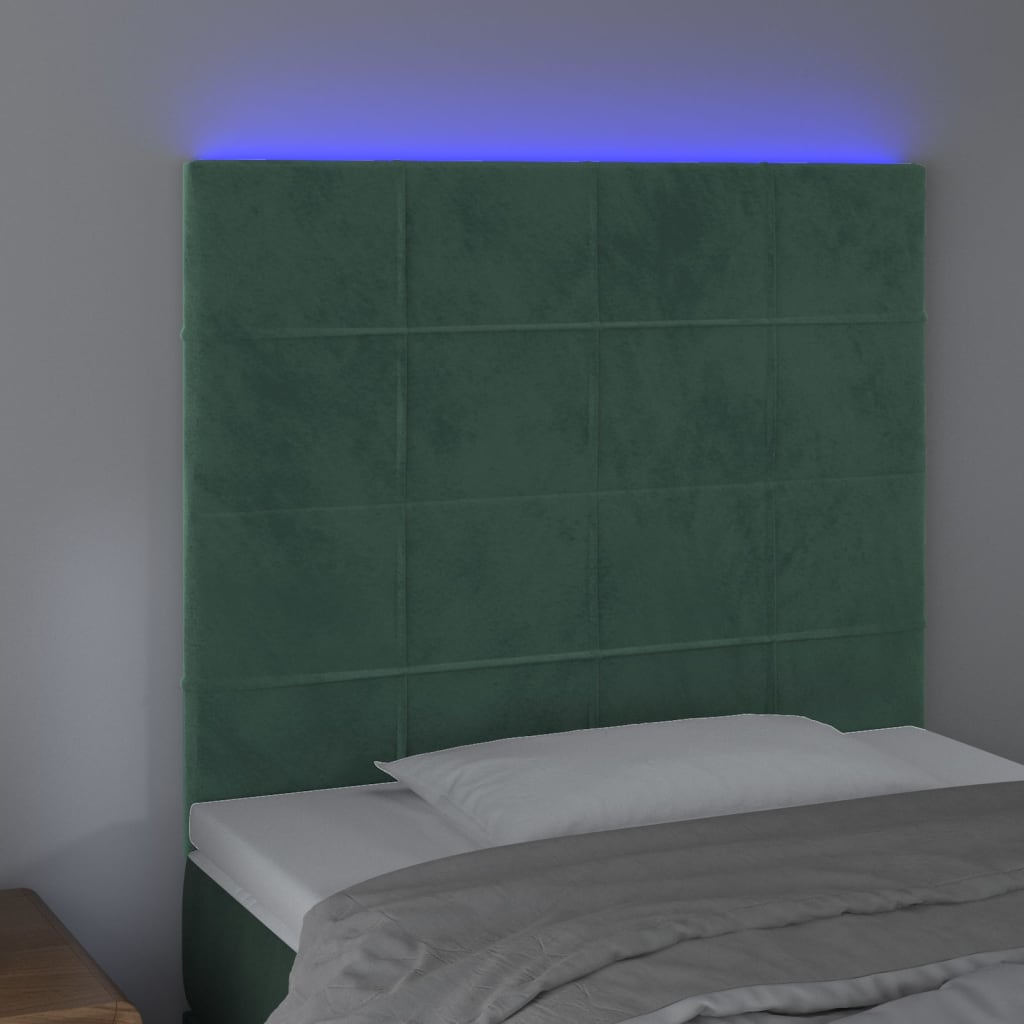 vidaXL Cabeceira de cama c/ LED veludo 100x5x118/128 cm verde-escuro