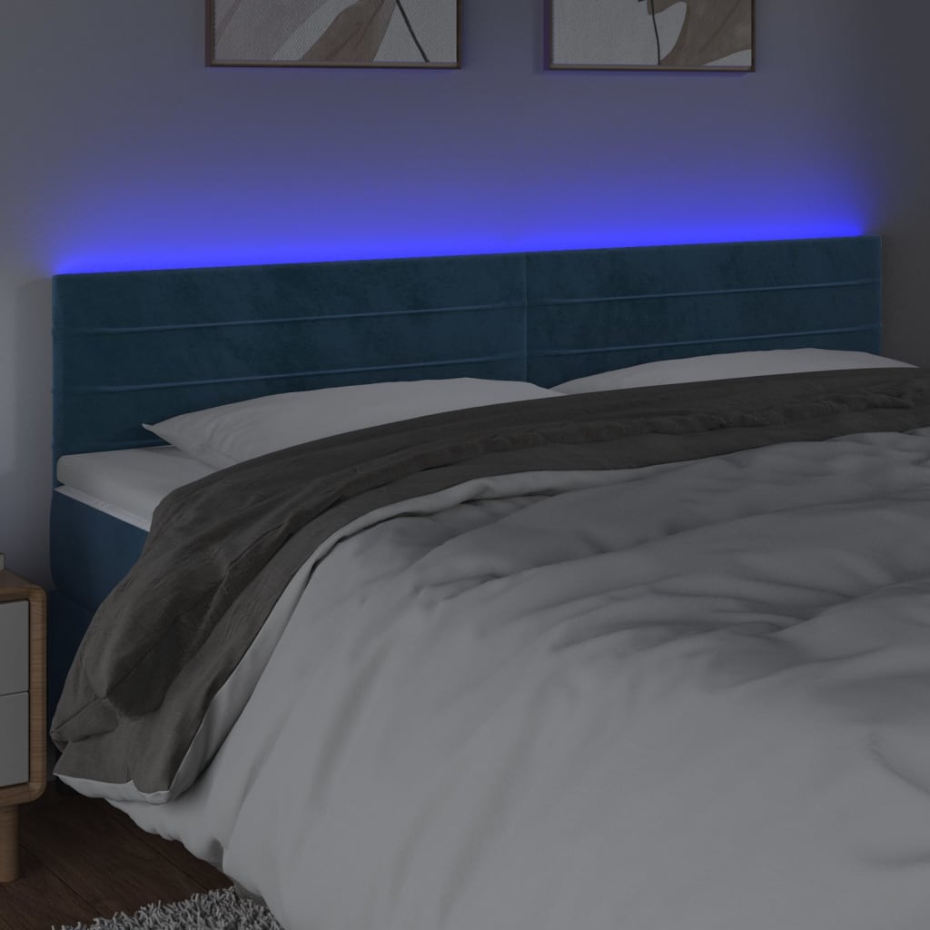 vidaXL Cabeceira de cama c/ luzes LED veludo 180x5x78/88cm azul-escuro