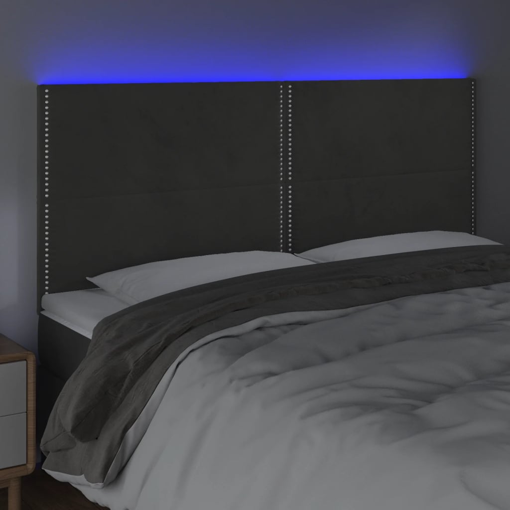 vidaXL Cabeceira de cama c/ LED veludo 160x5x118/128 cm cinza-escuro