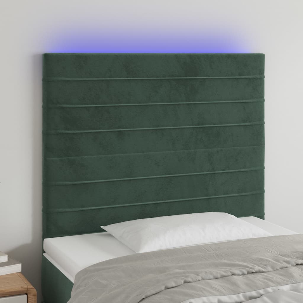 vidaXL Cabeceira de cama c/ LED veludo 100x5x118/128 cm verde-escuro