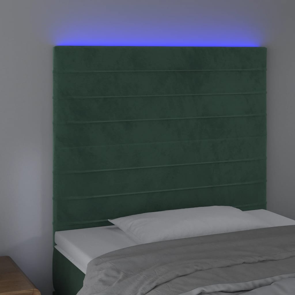 vidaXL Cabeceira de cama c/ LED veludo 100x5x118/128 cm verde-escuro