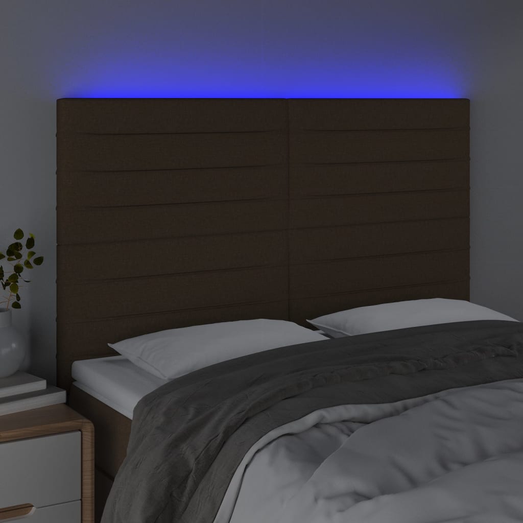 vidaXL Cabeceira de cama c/ luzes LED tecido 144x5x118/128cm castanho