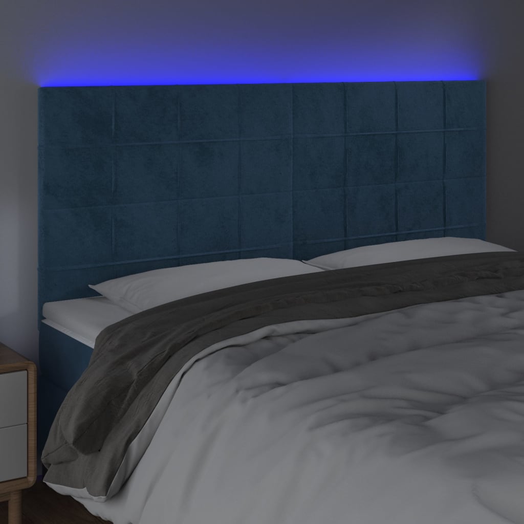 vidaXL Cabeceira cama c/ luzes LED veludo 180x5x118/128cm azul-escuro