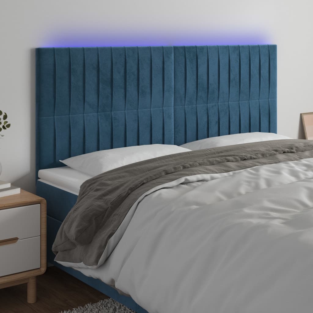 vidaXL Cabeceira cama c/ luzes LED veludo 180x5x118/128cm azul-escuro