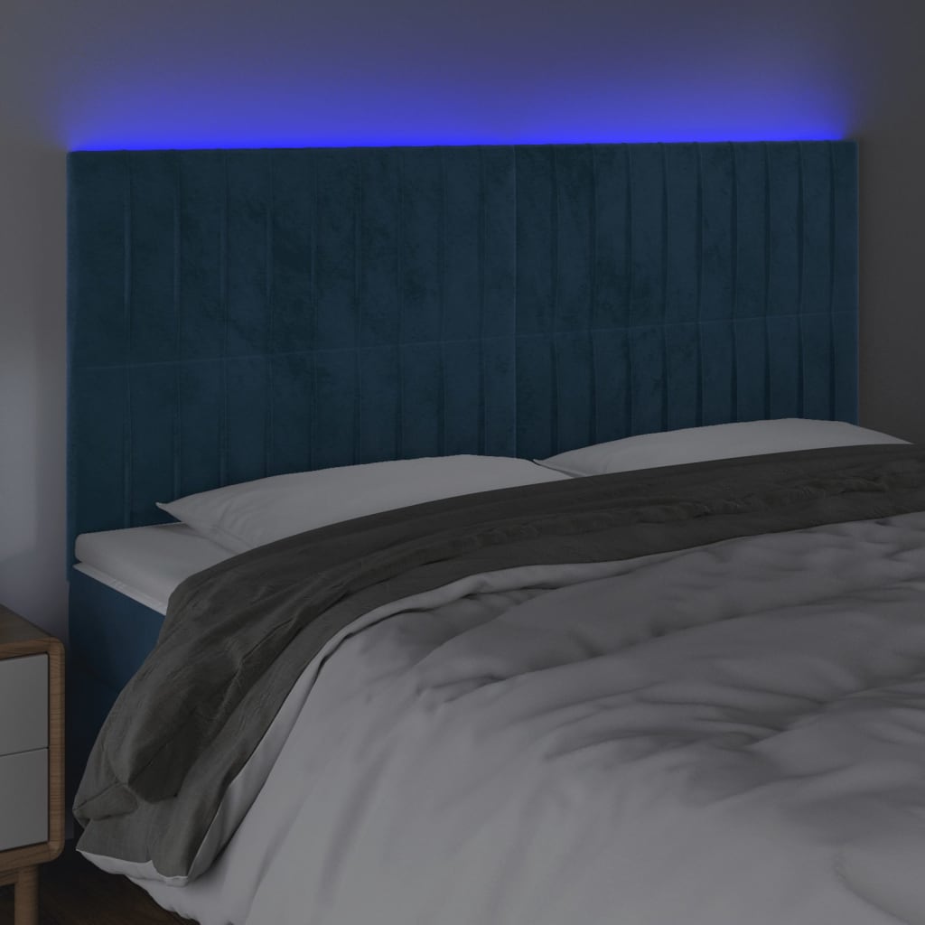 vidaXL Cabeceira cama c/ luzes LED veludo 180x5x118/128cm azul-escuro