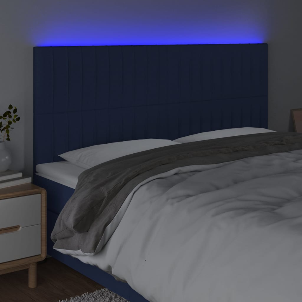 vidaXL Cabeceira de cama c/ luzes LED tecido 180x5x118/128 cm azul