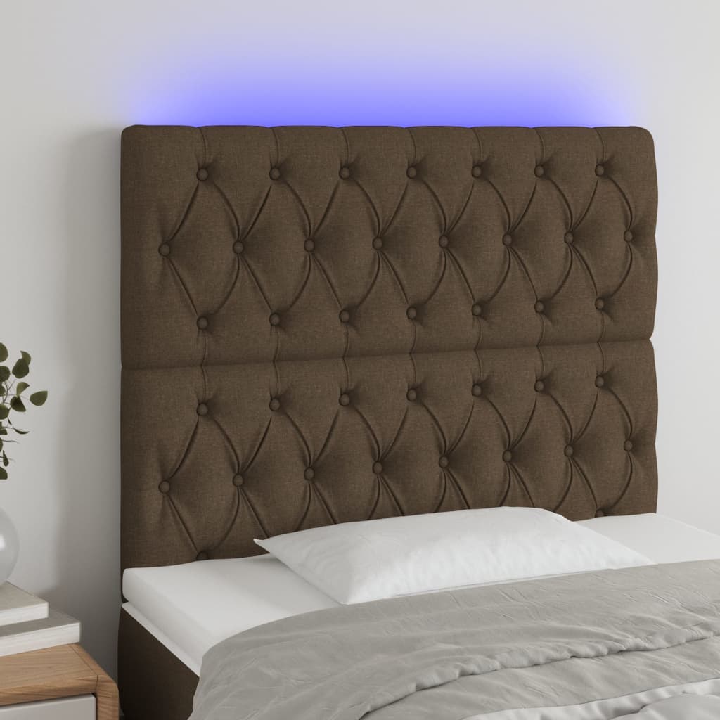 vidaXL Cabeceira de cama c/ luzes LED tecido 100x7x118/128cm castanho