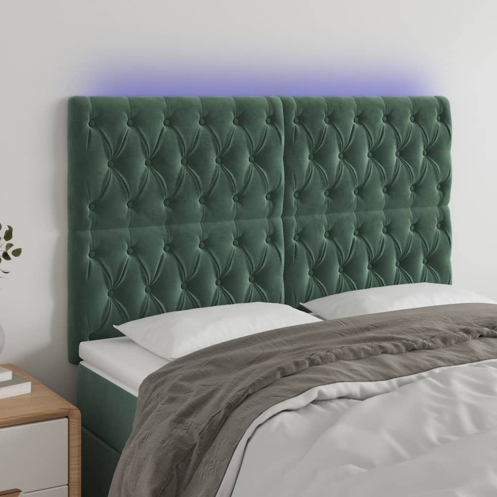 vidaXL Cabeceira de cama c/ LED veludo 160x7x118/128 cm verde-escuro