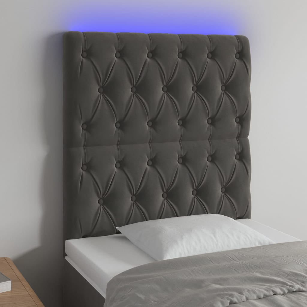 vidaXL Cabeceira de cama c/ LED veludo 80x7x118/128 cm cinza-escuro