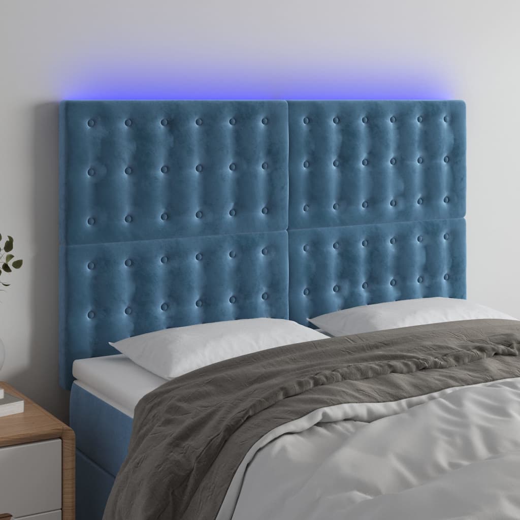 vidaXL Cabeceira cama c/ luzes LED veludo 144x5x118/128cm azul-escuro