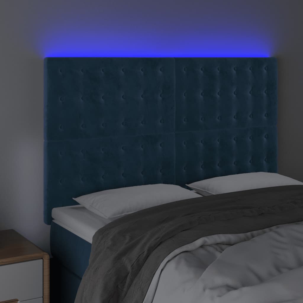 vidaXL Cabeceira cama c/ luzes LED veludo 144x5x118/128cm azul-escuro