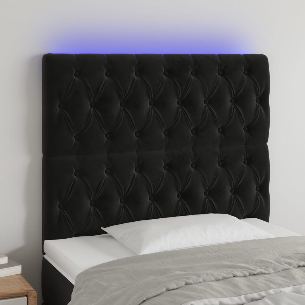 vidaXL Cabeceira de cama c/ luzes LED veludo 90x7x118/128 cm preto