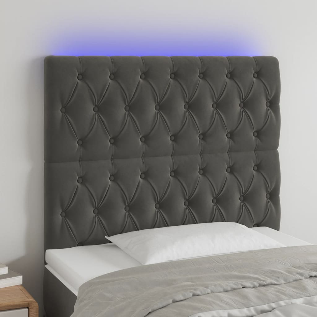 vidaXL Cabeceira de cama c/ LED veludo 100x7x118/128 cm cinza-escuro