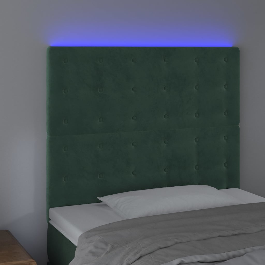 vidaXL Cabeceira de cama c/ LED veludo 90x5x118/128 cm verde-escuro