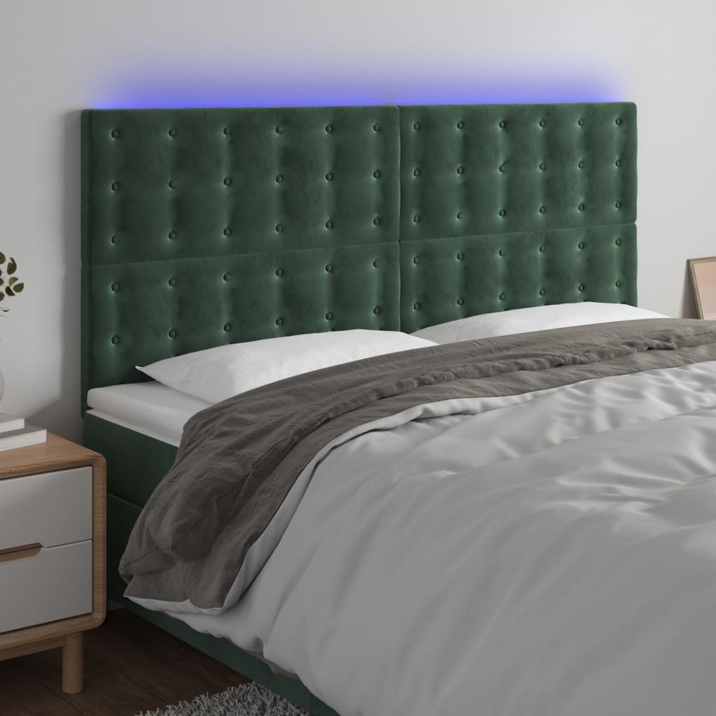 vidaXL Cabeceira de cama c/ LED veludo 200x5x118/128 cm verde-escuro