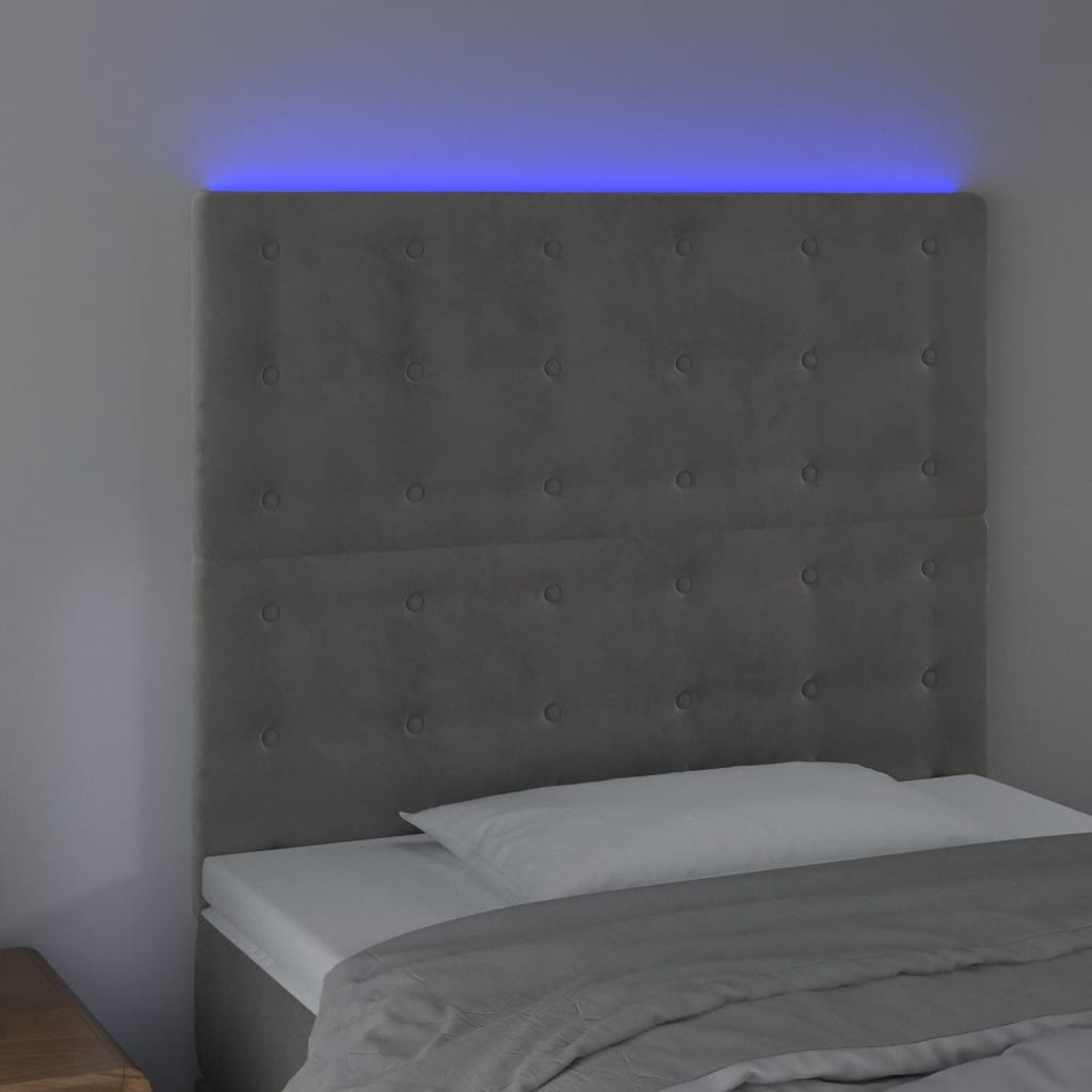 vidaXL Cabeceira cama c/ luzes LED veludo 80x5x118/128cm cinza-claro