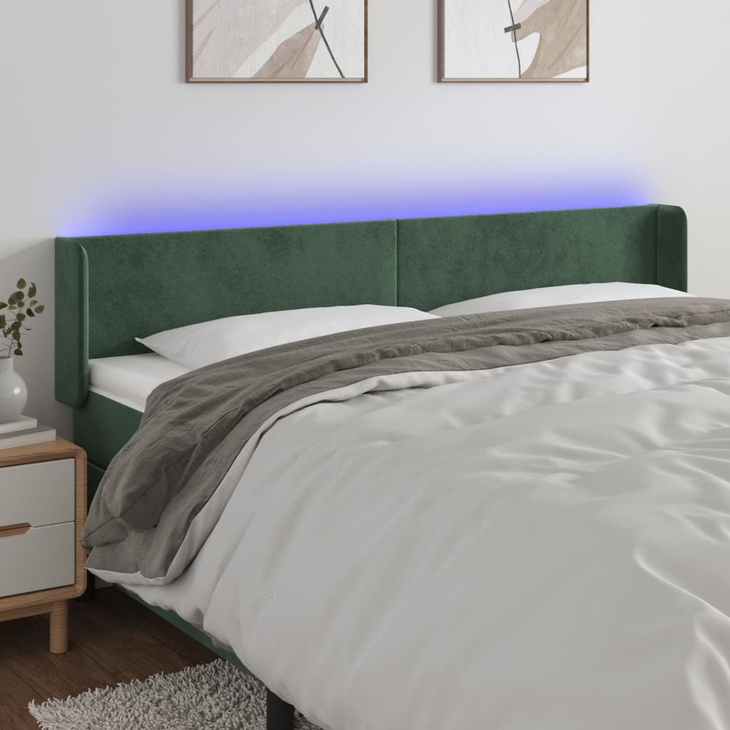 vidaXL Cabeceira cama c/ luzes LED veludo 163x16x78/88 cm verde-escuro