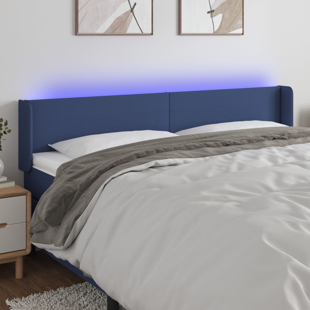 vidaXL Cabeceira de cama c/ luzes LED tecido 203x16x78/88 cm azul