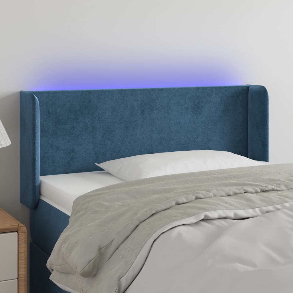 vidaXL Cabeceira de cama c/ luzes LED veludo 83x16x78/88cm azul-escuro