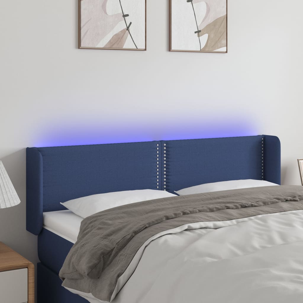 vidaXL Cabeceira de cama c/ luzes LED tecido 147x16x78/88 cm azul