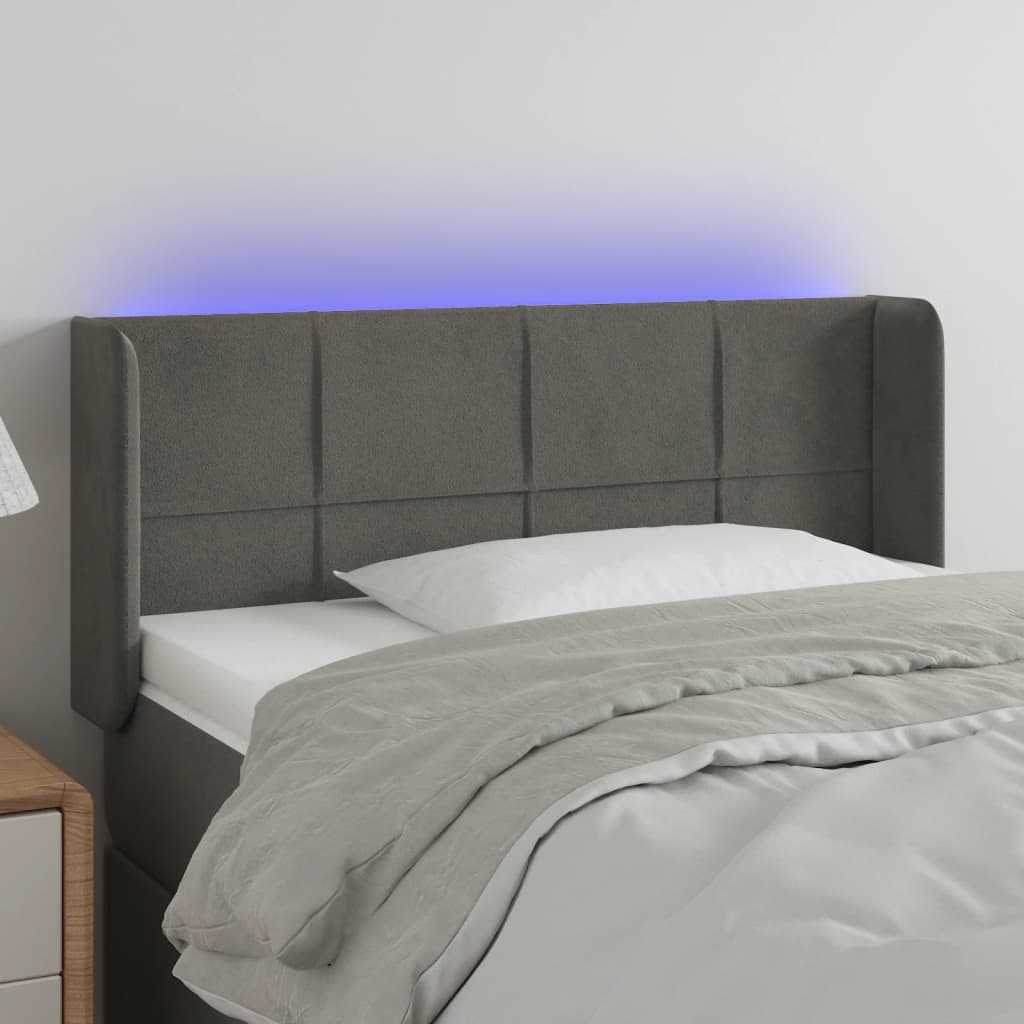 vidaXL Cabeceira cama c/ luzes LED veludo 83x16x78/88cm cinza-escuro