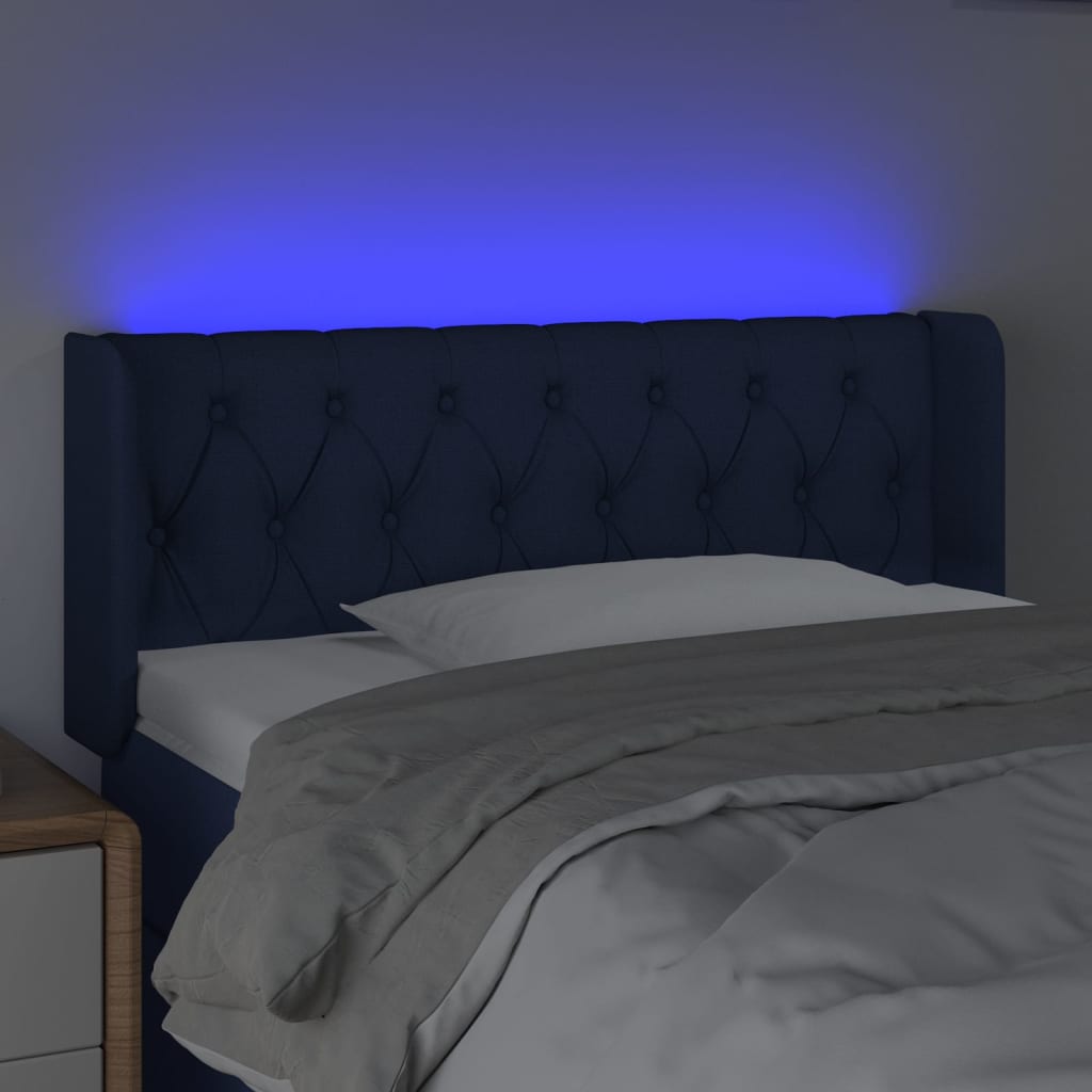 vidaXL Cabeceira de cama c/ luzes LED tecido 103x16x78/88 cm azul