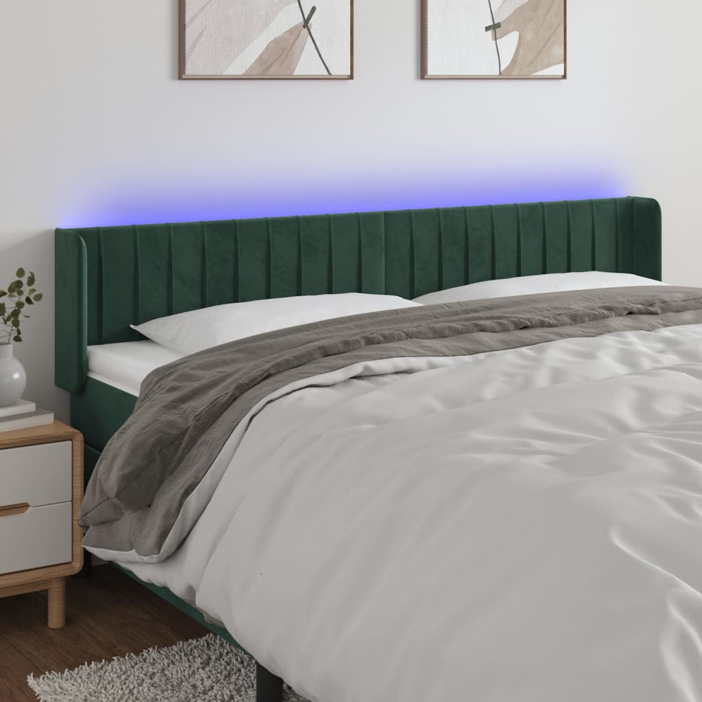 vidaXL Cabeceira cama c/ luzes LED veludo 183x16x78/88 cm verde-escuro