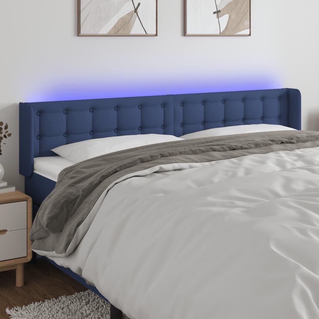 vidaXL Cabeceira de cama c/ luzes LED tecido 183x16x78/88 cm azul