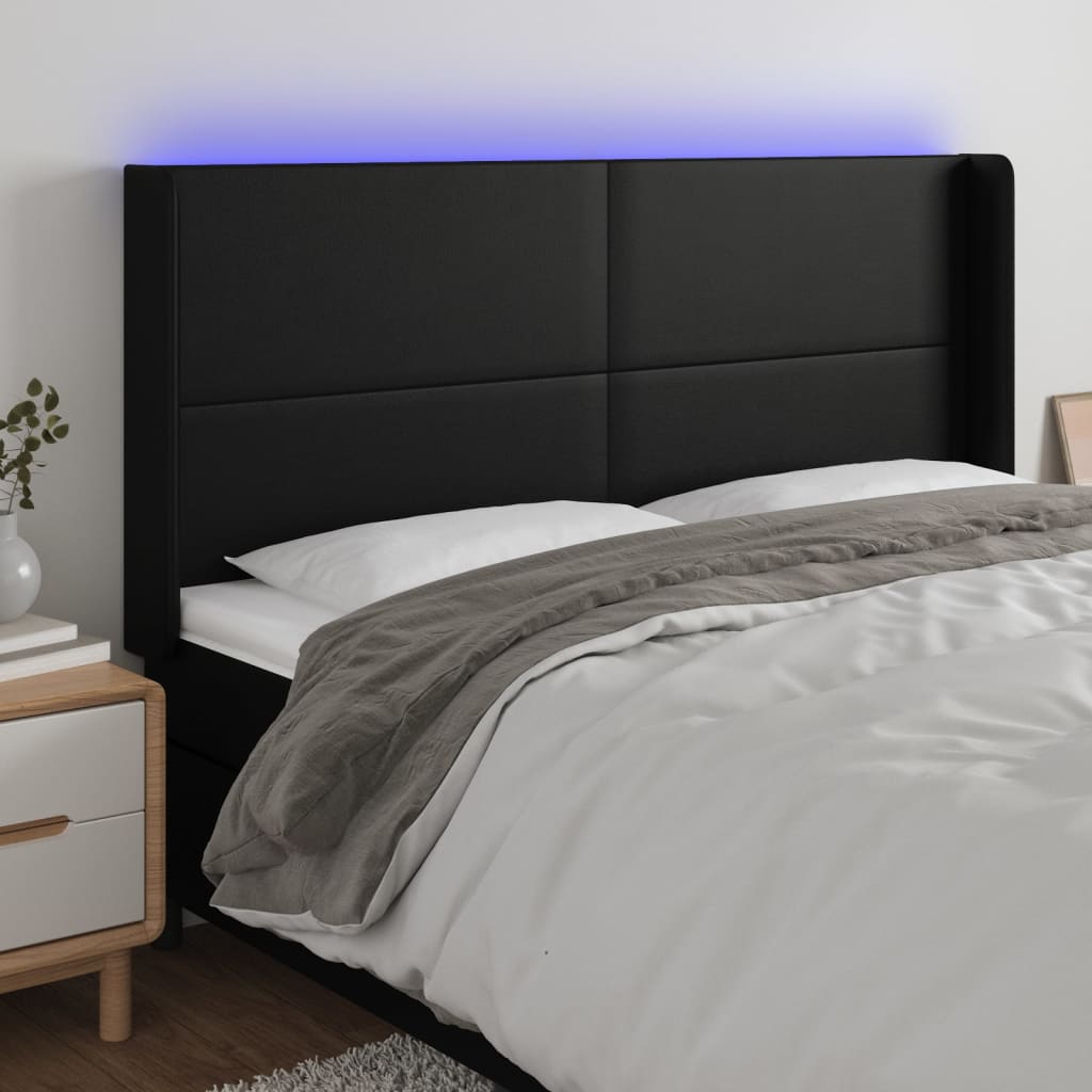 vidaXL Cabeceira cama c/ LED couro artificial 183x16x118/128 cm preto