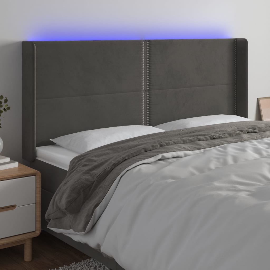 vidaXL Cabeceira de cama c/ LED veludo 163x16x118/128 cm cinza-escuro