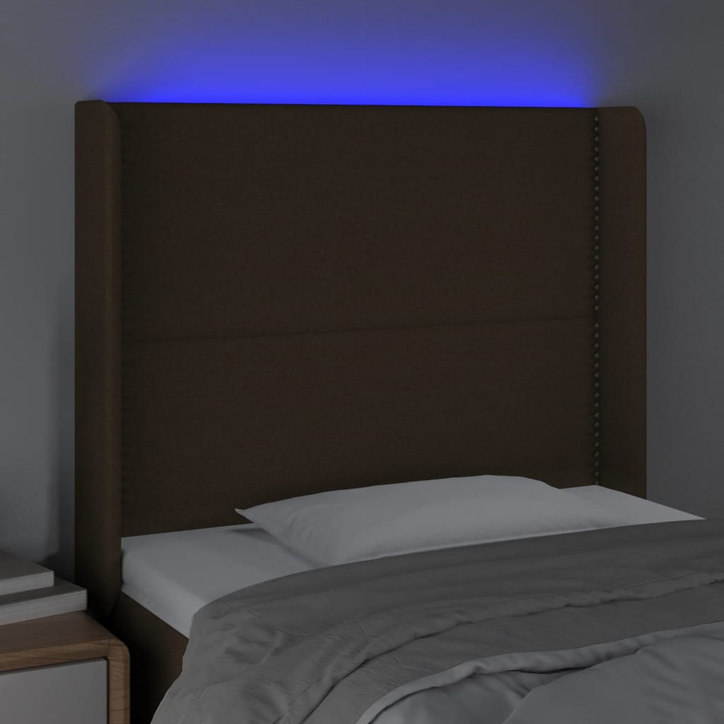 vidaXL Cabeceira de cama c/ luzes LED tecido 93x16x118/128 cm castanho