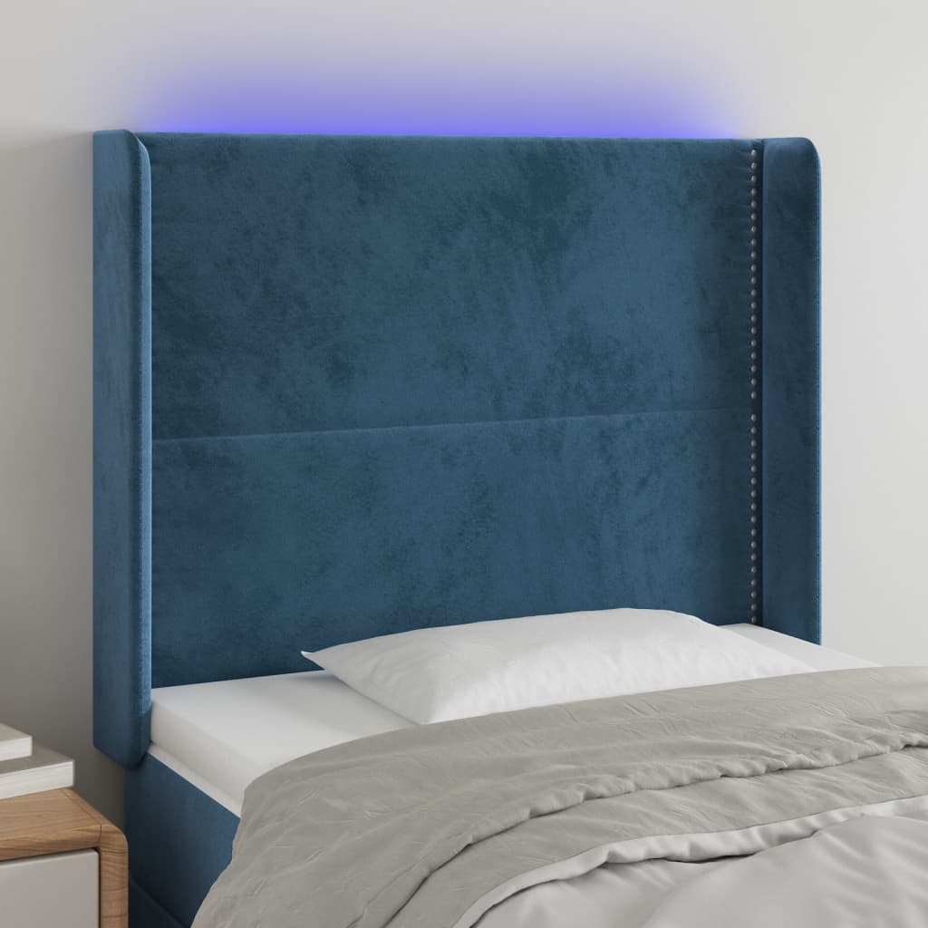 vidaXL Cabeceira cama c/ luzes LED veludo 103x16x118/128cm azul-escuro