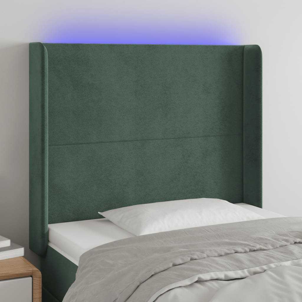 vidaXL Cabeceira de cama c/ LED veludo 103x16x118/128 cm verde-escuro