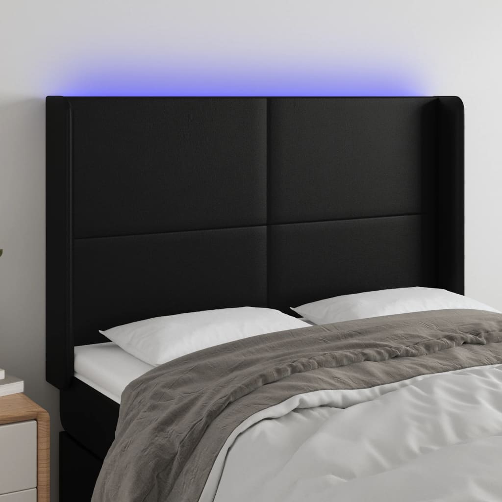 vidaXL Cabeceira cama c/ LED couro artificial 147x16x118/128 cm preto