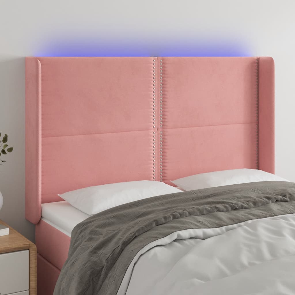 vidaXL Cabeceira de cama c/ luzes LED veludo 147x16x118/128 cm rosa