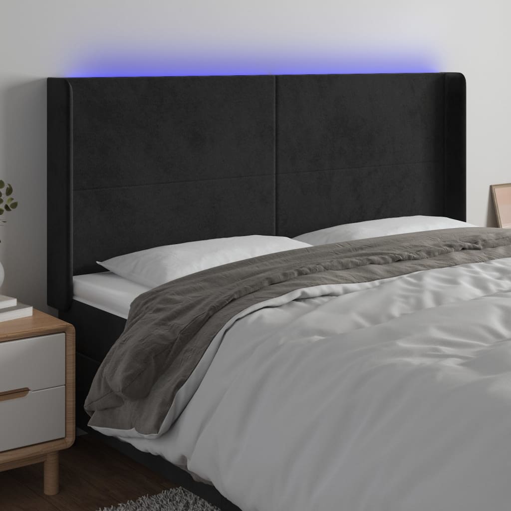 vidaXL Cabeceira de cama c/ luzes LED veludo 163x16x118/128 cm preto