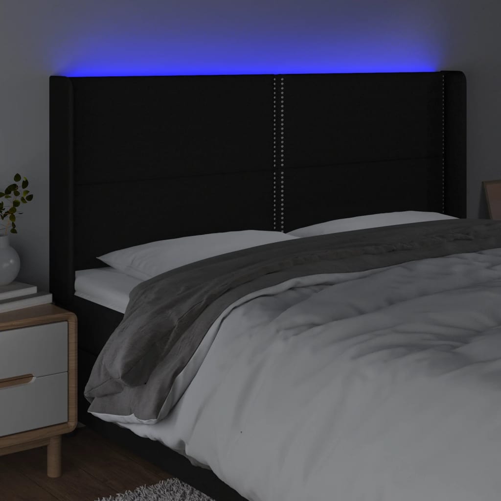 vidaXL Cabeceira de cama c/ luzes LED tecido 163x16x118/128 cm preto