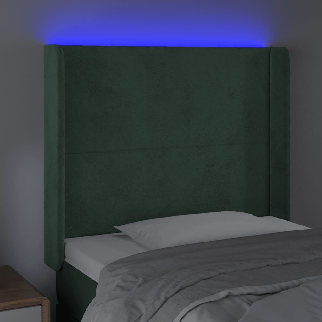 vidaXL Cabeceira cama c/ luzes LED veludo 93x16x118/128cm verde-escuro