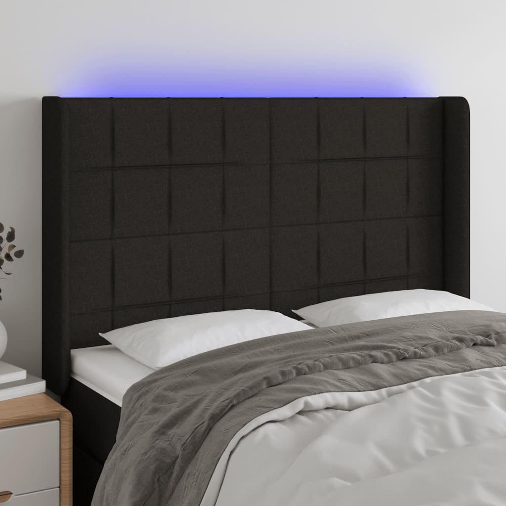 vidaXL Cabeceira de cama c/ luzes LED tecido 147x16x118/128 cm preto