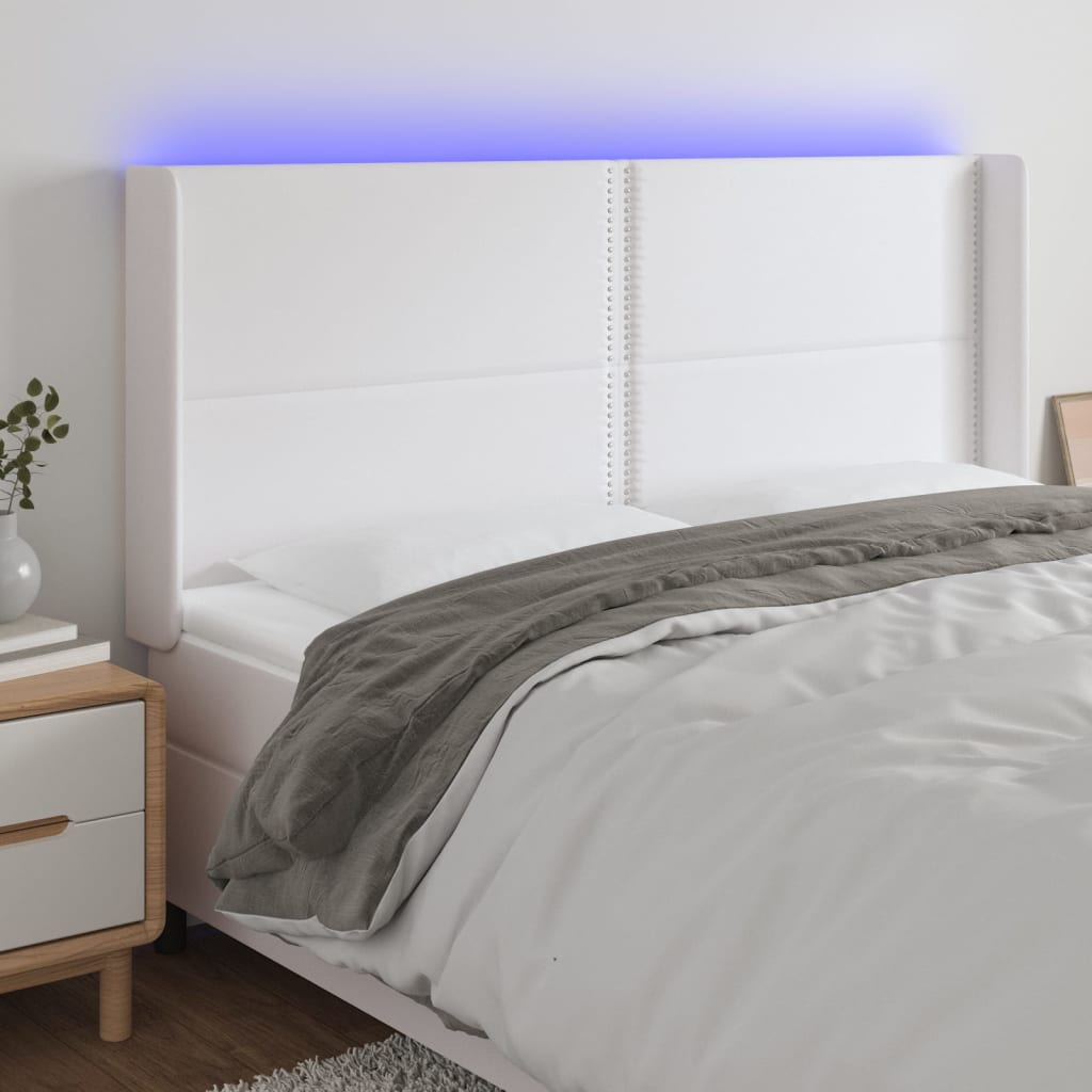 vidaXL Cabeceira cama c/ LED couro artificial 203x16x118/128 cm branco