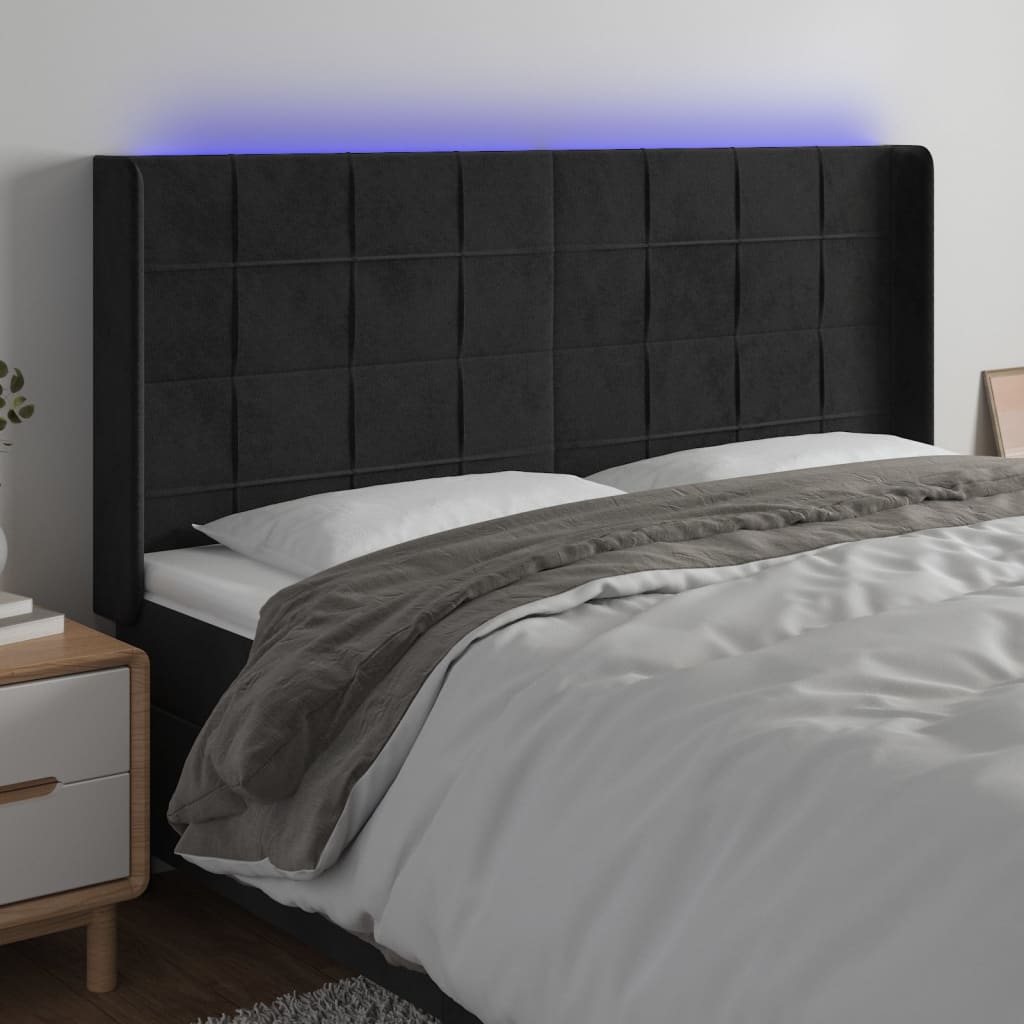 vidaXL Cabeceira de cama c/ luzes LED veludo 163x16x118/128 cm preto