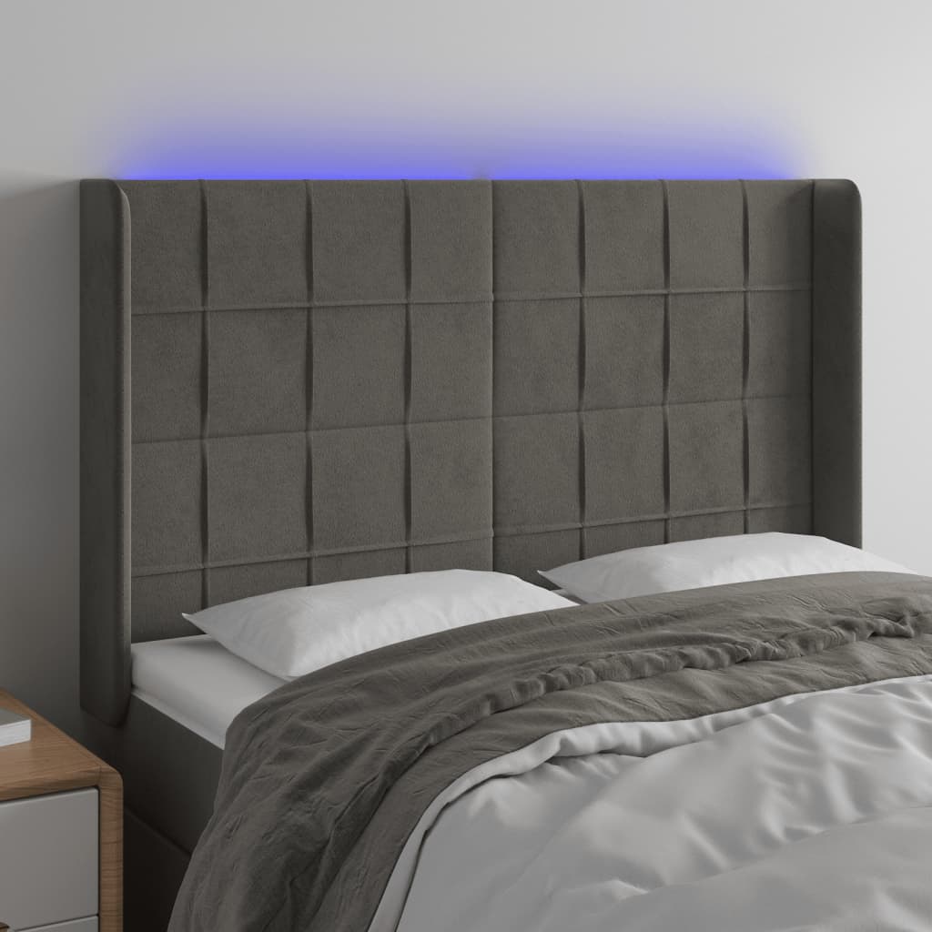 vidaXL Cabeceira de cama c/ LED veludo 147x16x118/128 cm cinza-escuro