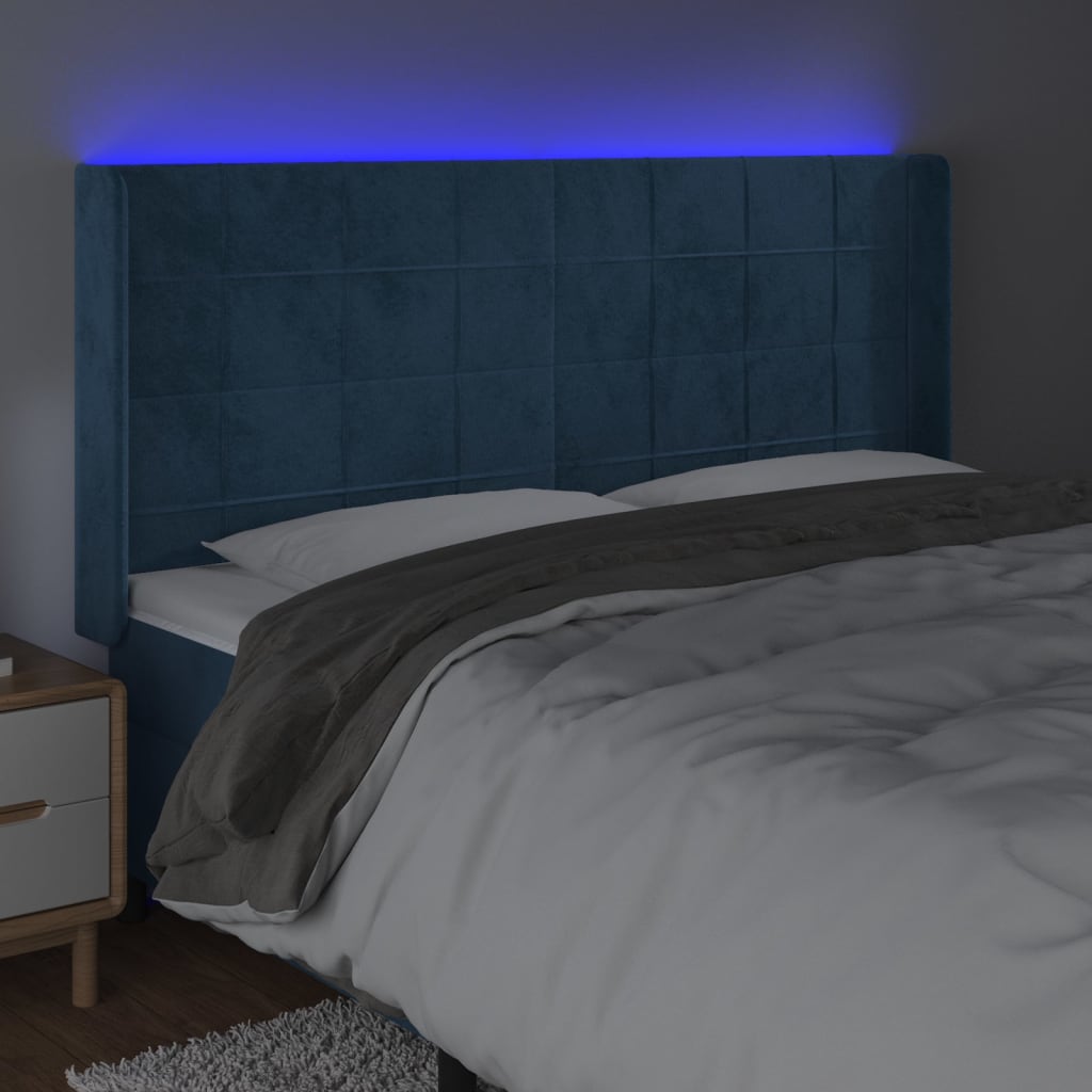 vidaXL Cabeceira cama c/ luzes LED veludo 183x16x118/128cm azul-escuro