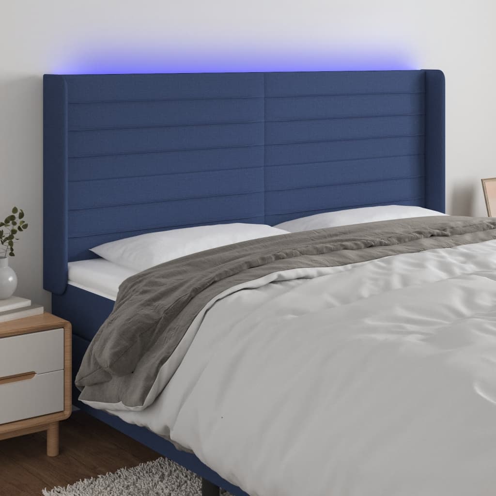 vidaXL Cabeceira de cama c/ luzes LED tecido 163x16x118/128 cm azul