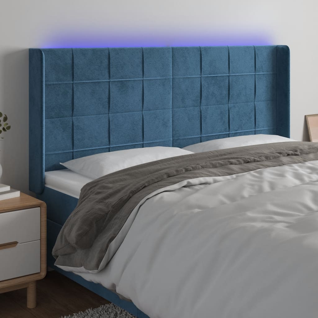 vidaXL Cabeceira cama c/ luzes LED veludo 163x16x118/128cm azul-escuro